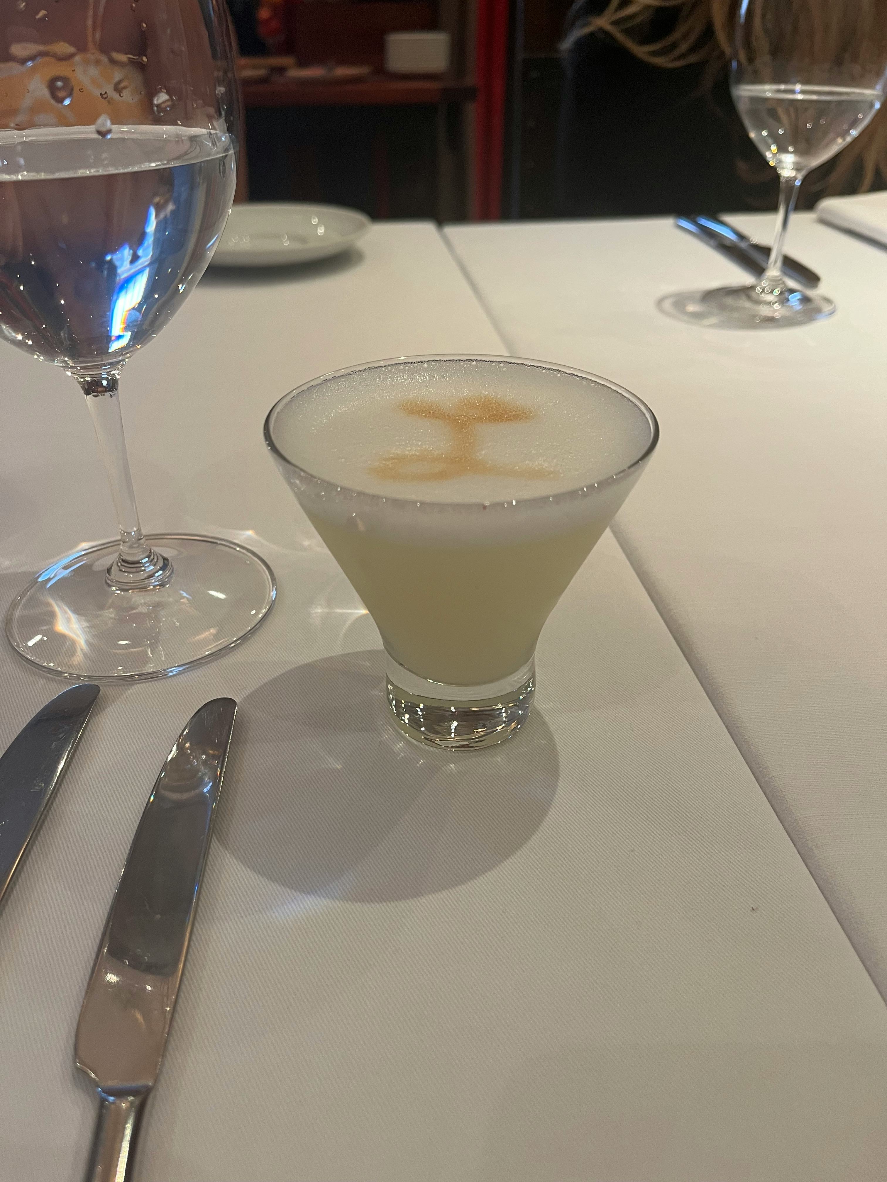 Pisco sour at Palacio del Inka in Cusco, Peru.