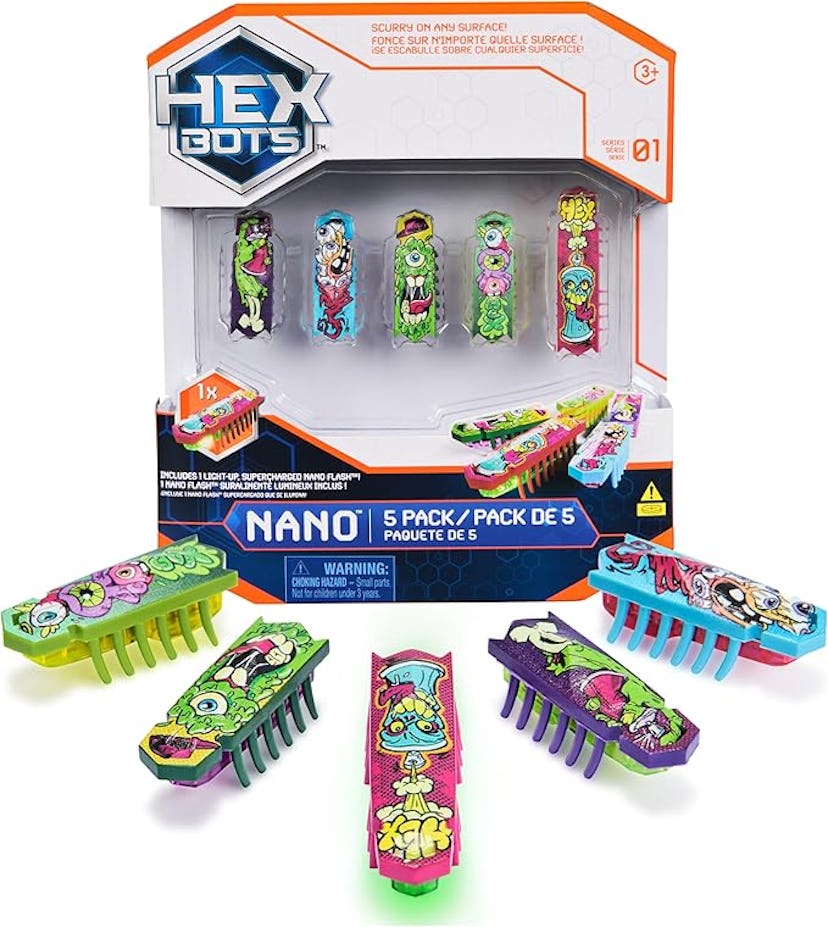 A colorful pack of Hex Bots, featuring five uniquely designed mini figures with playful zombie chara...