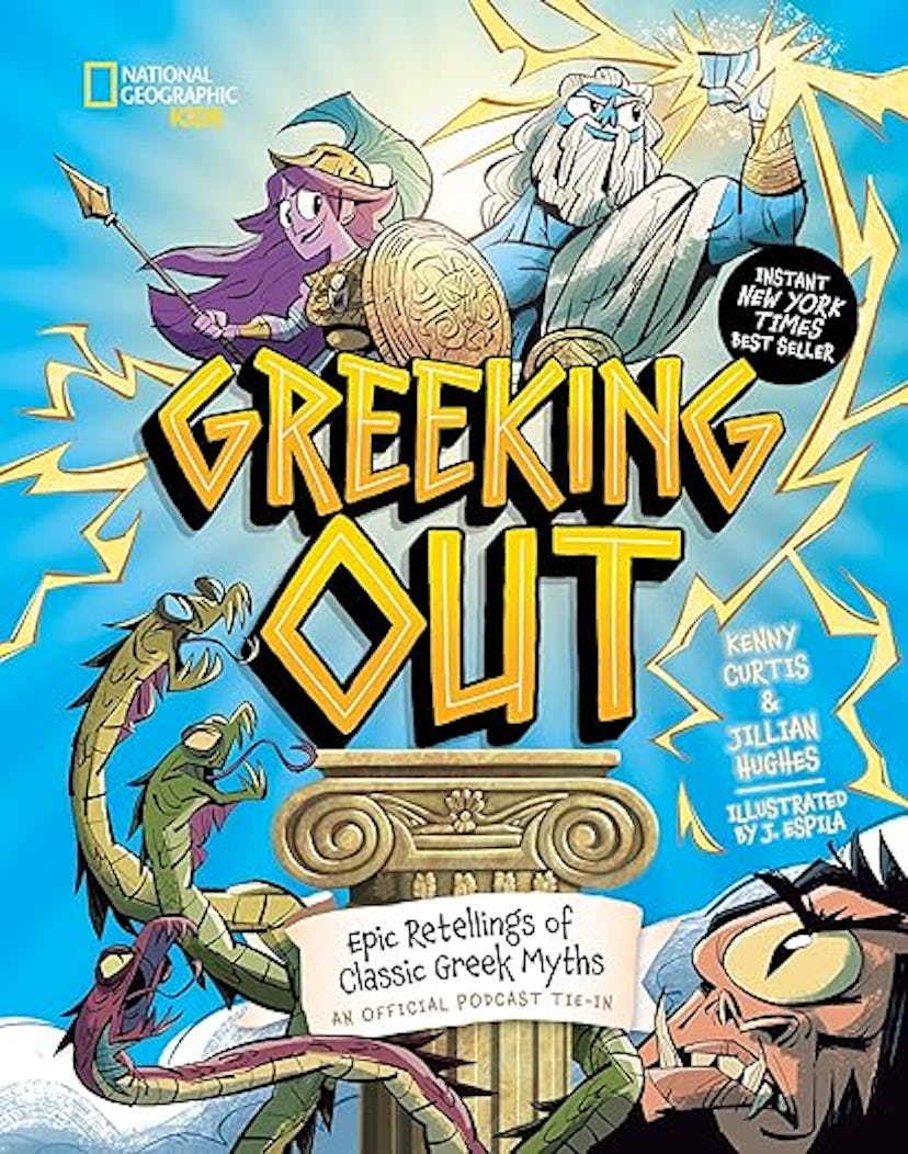 Colorful book cover titled "Greeking Out," featuring vibrant illustrations of Greek mythological cha...