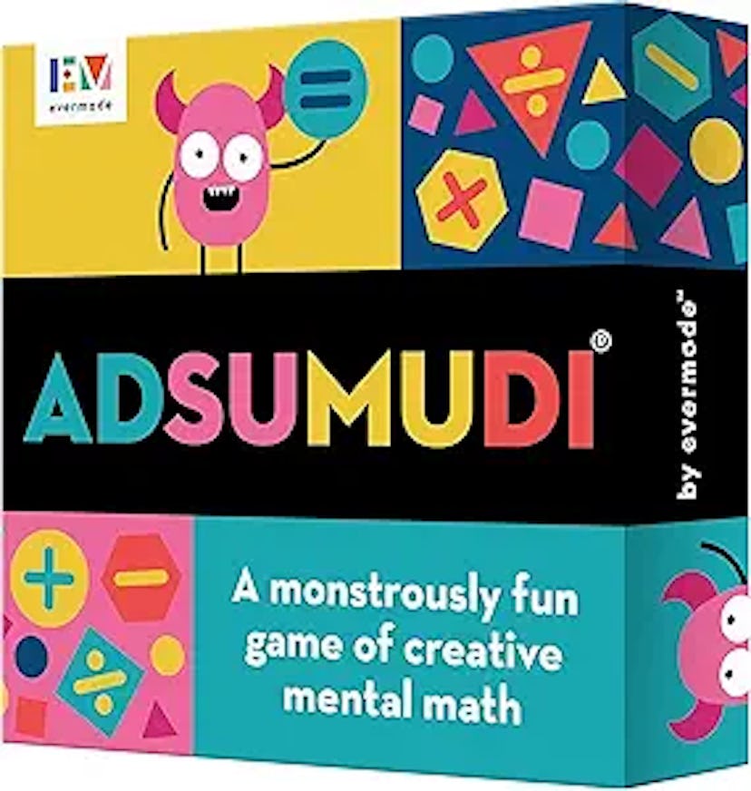 Colorful game box for "Adsumudi," featuring playful shapes and a cute monster character, promoting a...