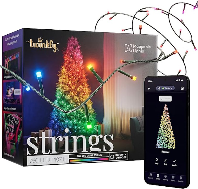 A colorful box of Twinkly lights with 750 LED strings for indoor and outdoor use, next to a smartpho...