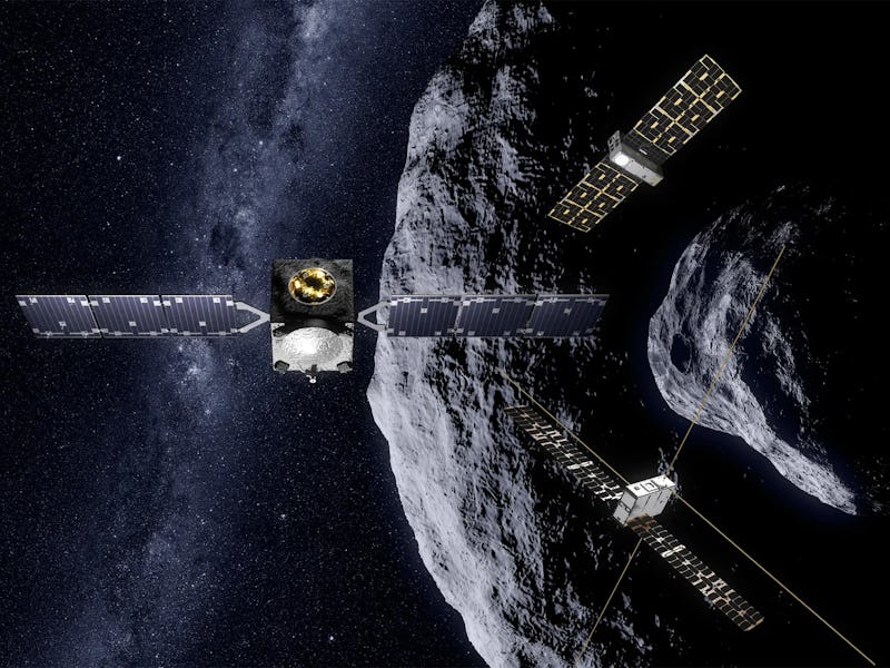 illustration of a large satellite and two small satellites orbiting two asteroids, one much smaller ...