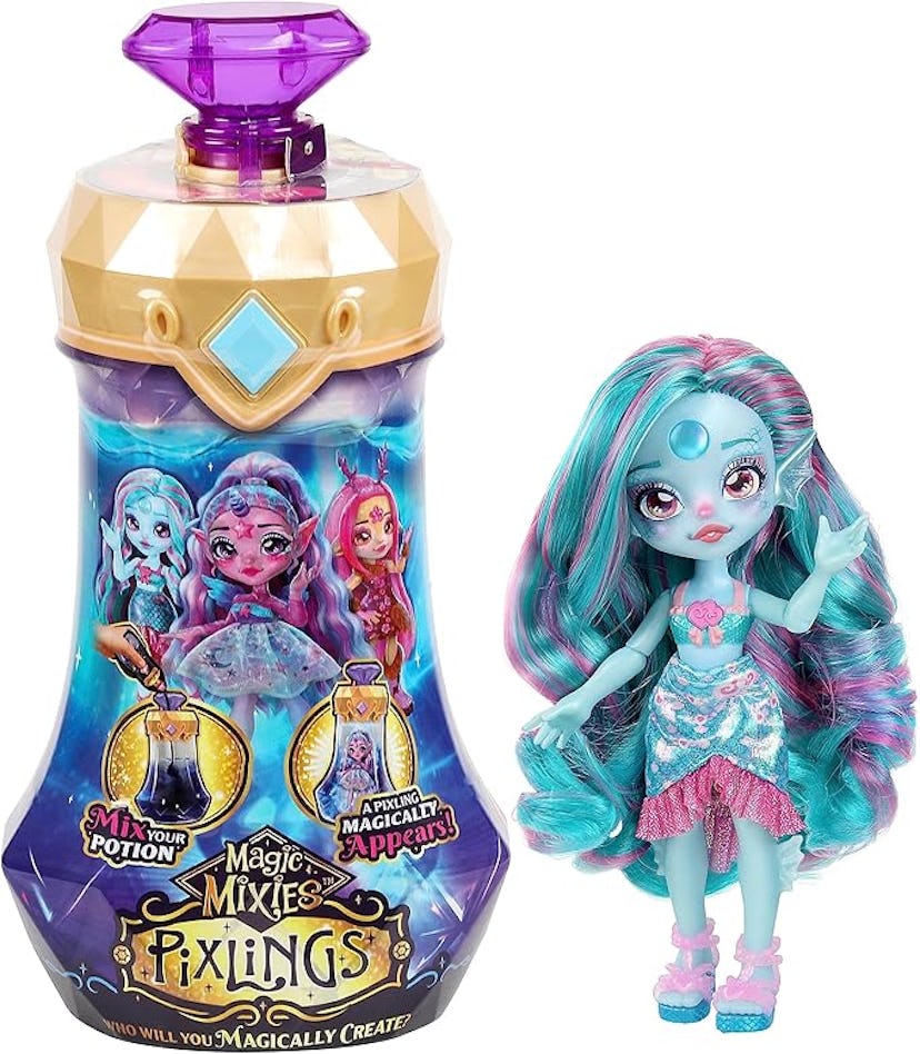 A colorful toy set featuring a potion bottle labeled "Magic Mixies Pixlings" alongside a doll with t...