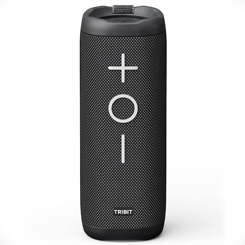 A vertical black Bluetooth speaker featuring a textured surface, front control buttons for volume an...