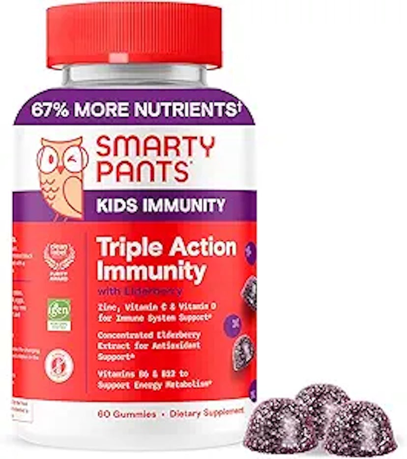 A bottle of SmartyPants Kids Immunity gummies featuring a colorful label. The product claims to offe...