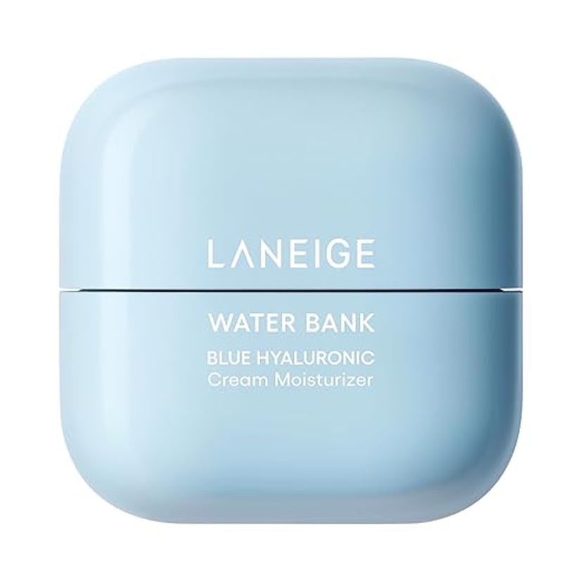 A light blue jar of Laneige Water Bank Blue Hyaluronic Cream Moisturizer featuring a simple, modern ...