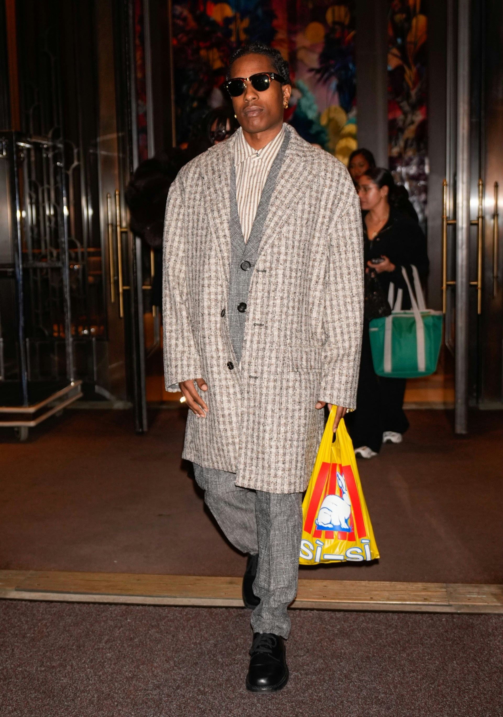 A$AP Rocky wears a patterned look from Bottega Veneta.