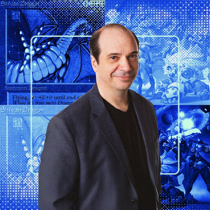 A man in a black blazer stands confidently against a vibrant blue background, featuring fantasy illu...