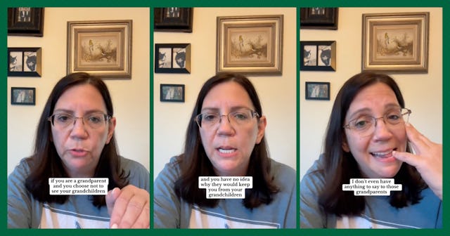 A woman with glasses and long dark hair appears in three frames, expressing thoughts on being a gran...