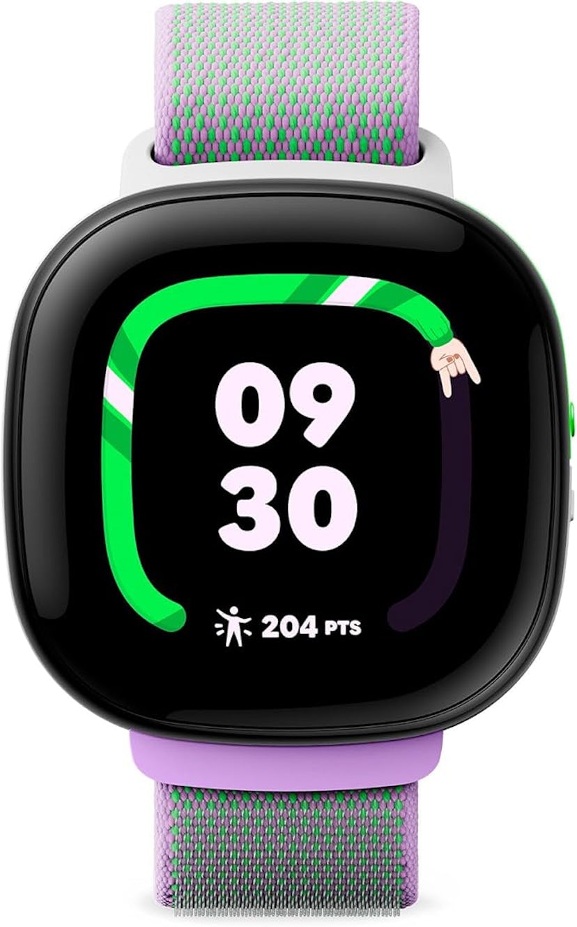 A colorful smartwatch displays the time as 09:30, with a playful design featuring green, purple, and...