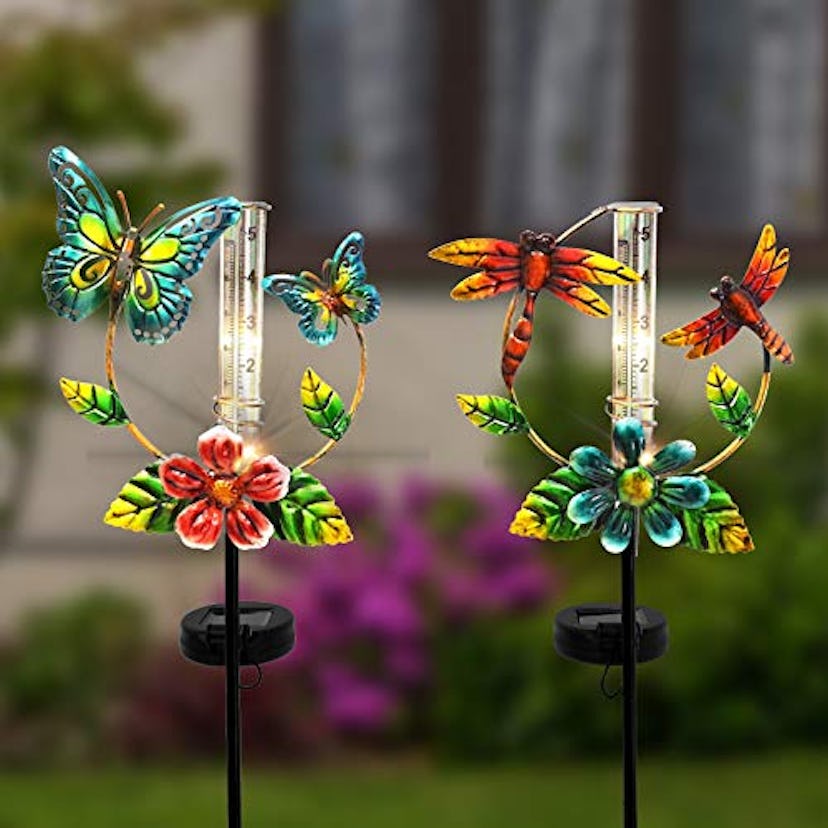 ALLADINBOX Solar Powered Metal Rain Gauge Butterfly and Dragonfly (Set of 2)