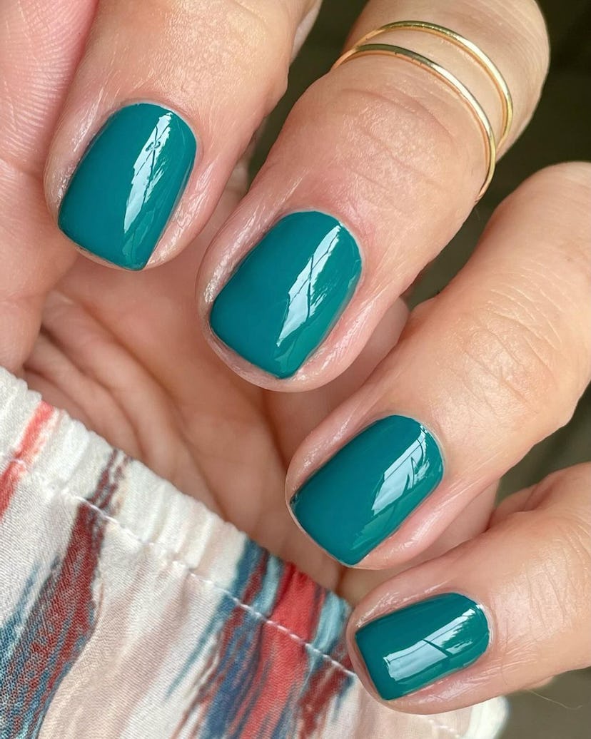 Teal polish is on-trend for fall 2024.