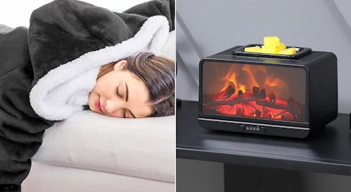 A cozy scene featuring a woman sleeping on a sofa in a soft blanket, beside a stylish electric firep...