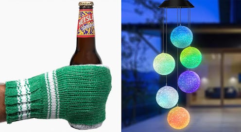 A green knitted mitten holding a beer bottle on the left, and colorful glowing spheres hanging from ...