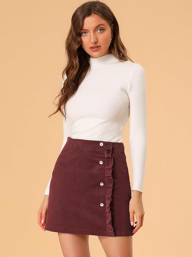 Allegra Corduroy Ruffle Trim Mini Skirt