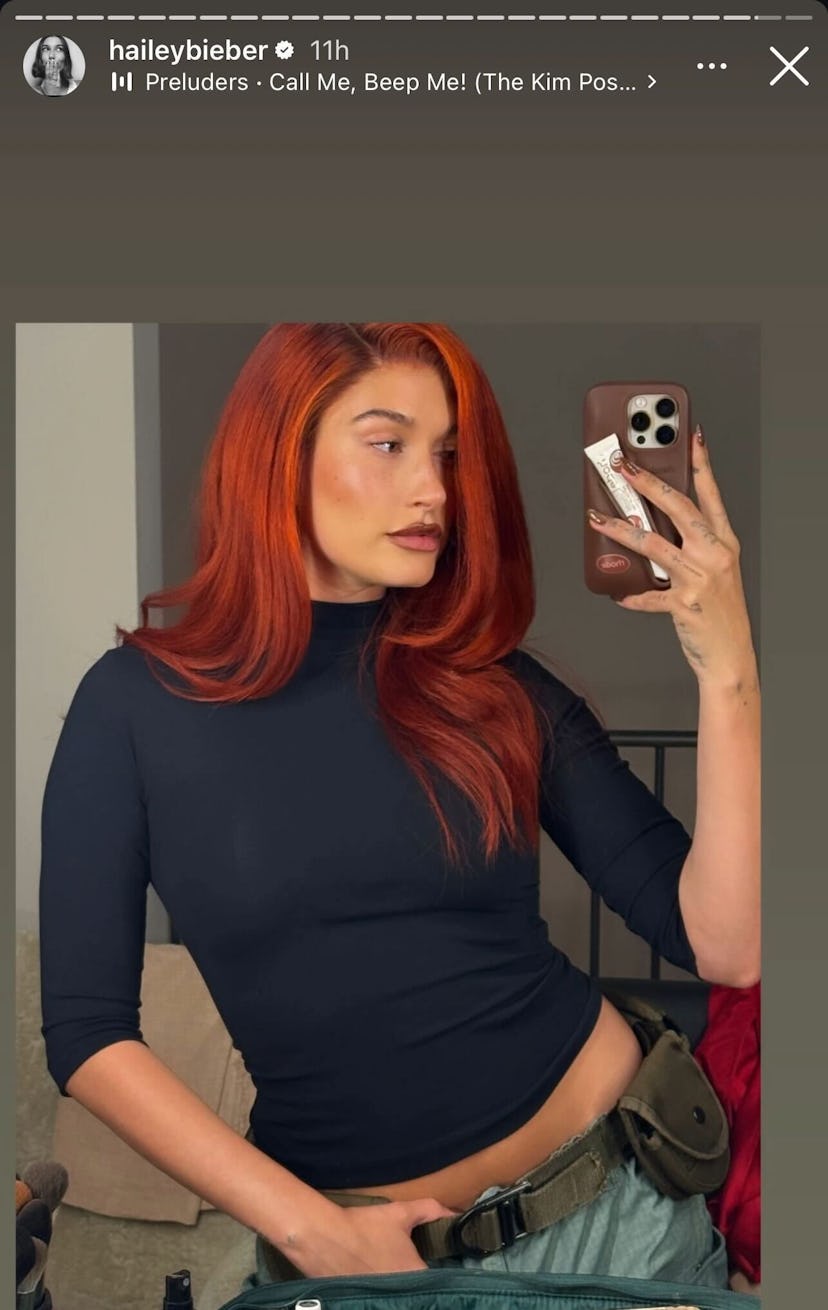 Hailey Bieber dressed up as Kim Possible for Halloween 2024.