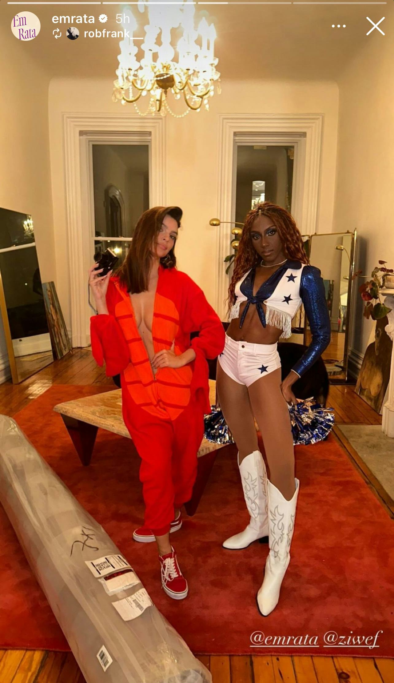Emily Ratajkowski dressed in a red onesie for Halloween 2024.