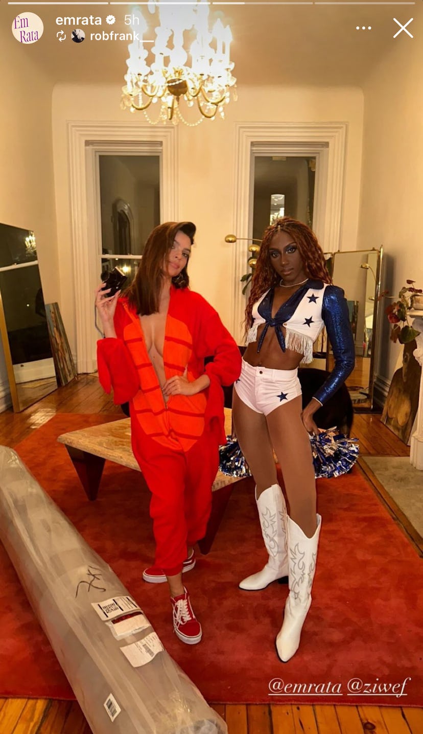 Emily Ratajkowski dressed in a red onesie for Halloween 2024.  