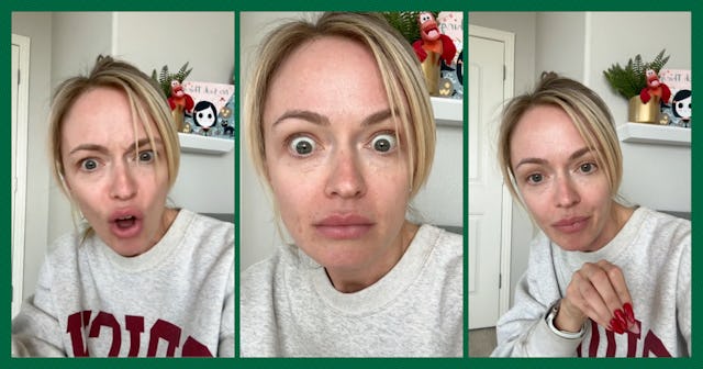 A woman with blonde hair shows various facial expressions of surprise and confusion in three separat...
