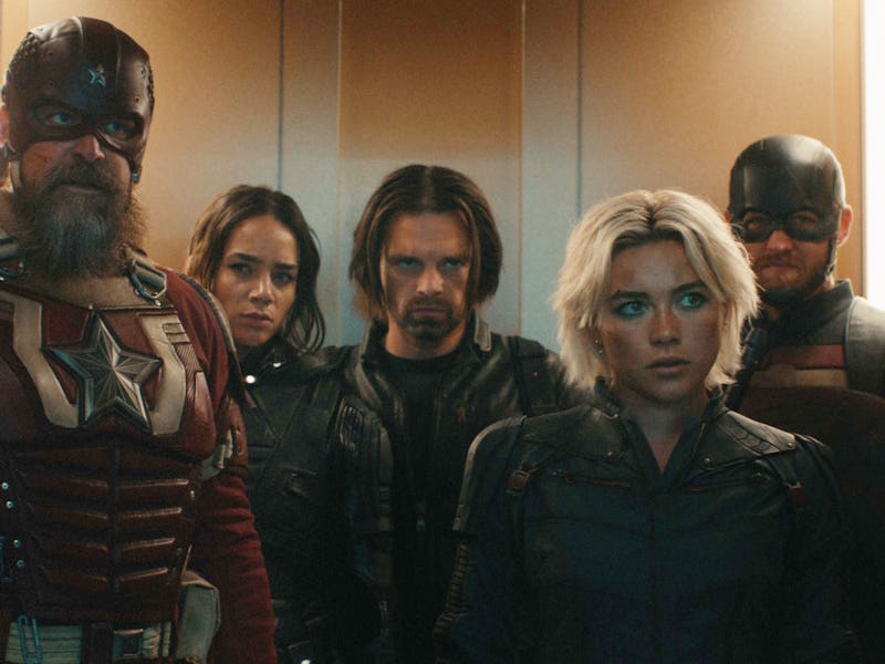 David Harbour, Hannah John Kamen, Sebastian Stan, Florence Pugh, and Wyatt Russell in Marvel's Thund...