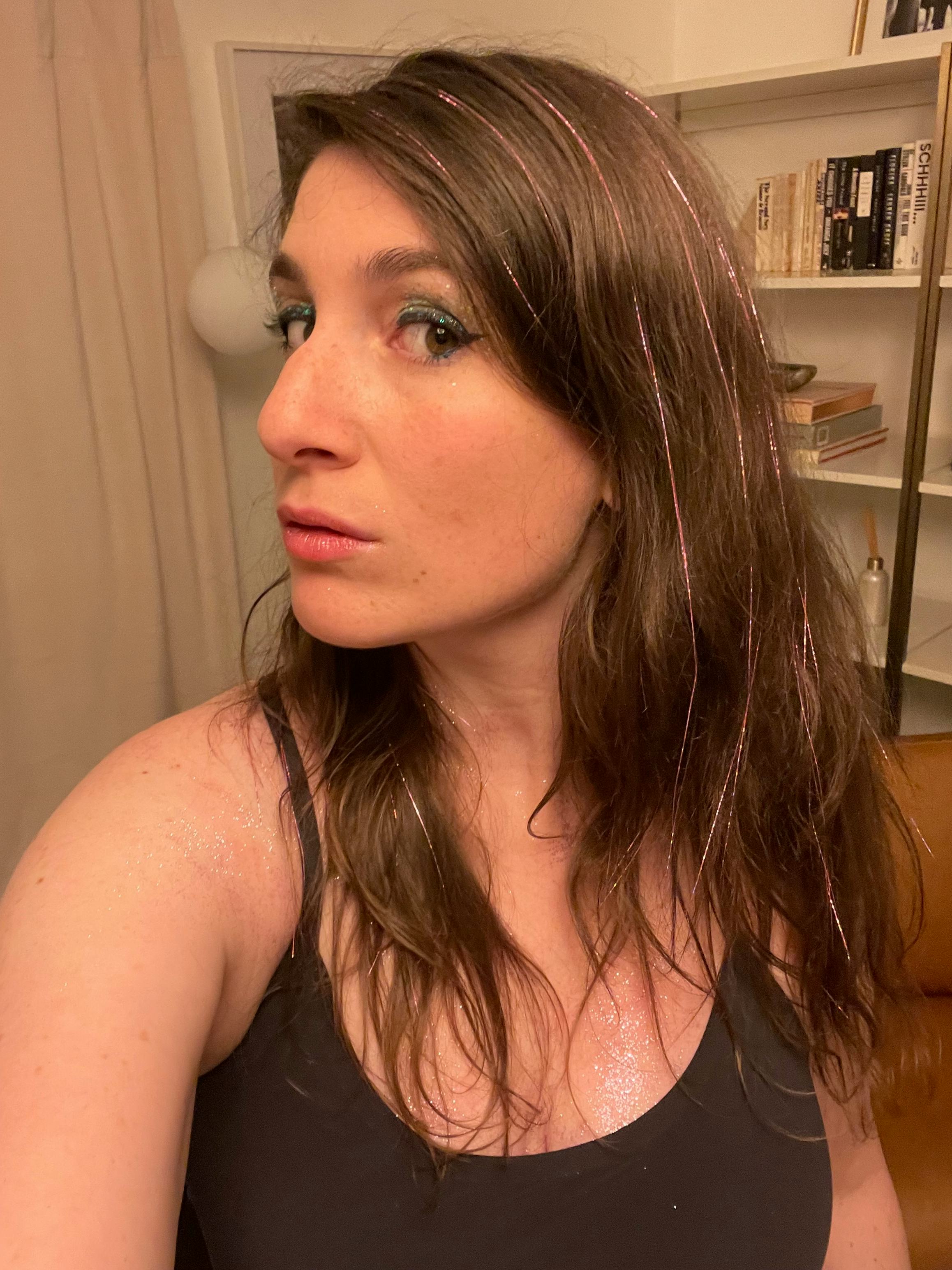 The author with tinsel in her hair.