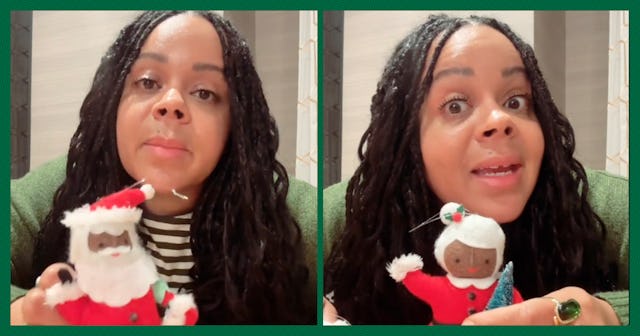 A woman with long, curly hair shows festive toys in two images, featuring Santa and Mrs. Claus, smil...