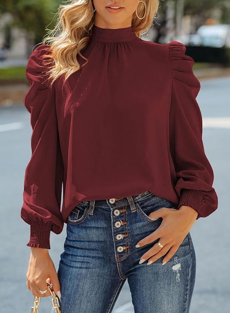 Dokotoo High Neck Long Puff-Sleeve Blouse