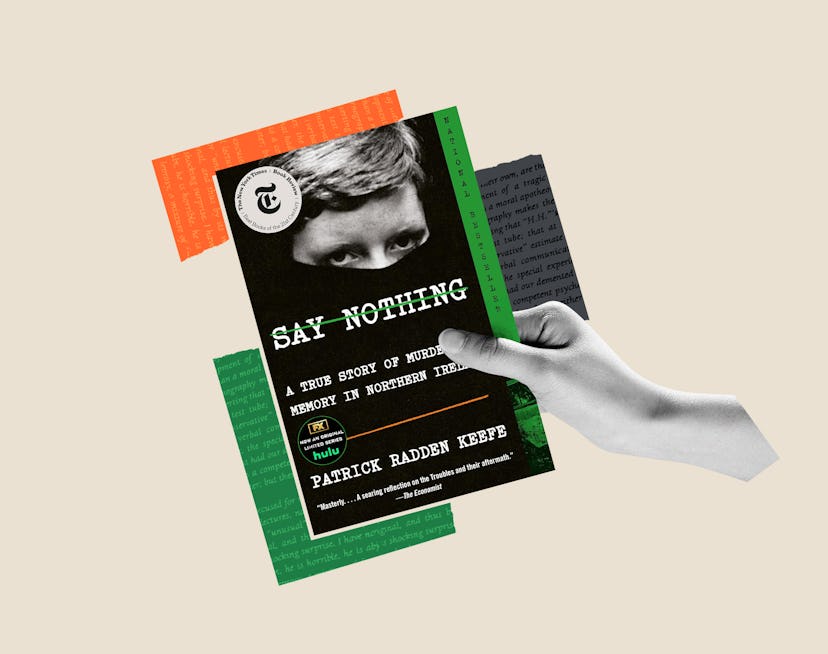 A hand holds the cover of 'Say Nothing' by Patrick Radden Keefe.