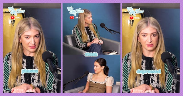 A split-screen image featuring three expressions of a woman with long hair and a patterned blouse, s...