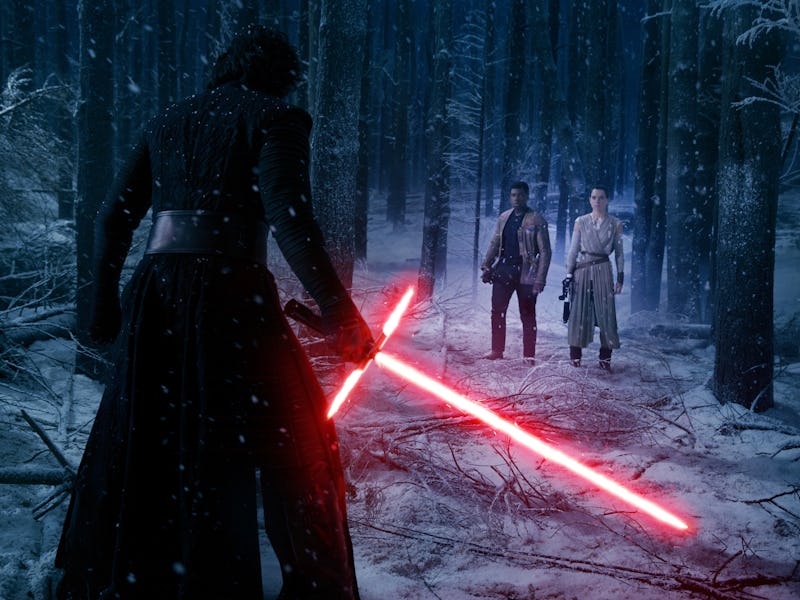 Adam Driver, John Boyega, and Daisy Ridley in Star Wars: The Force Awakens