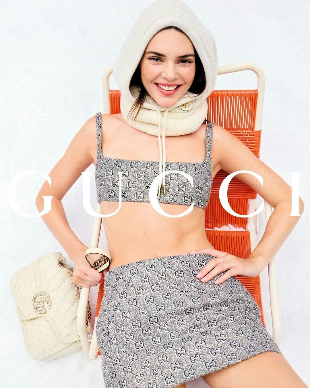 Kendall Jenner wears a bra and mini skirt in Gucci campaign.