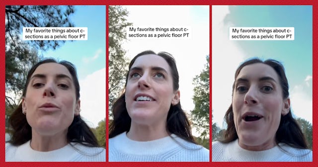 A woman is talking enthusiastically in three panels, sharing her favorite aspects of C-sections as a...