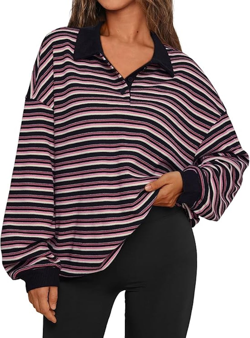 Trendy Queen Oversized Striped Polo Sweatshirt