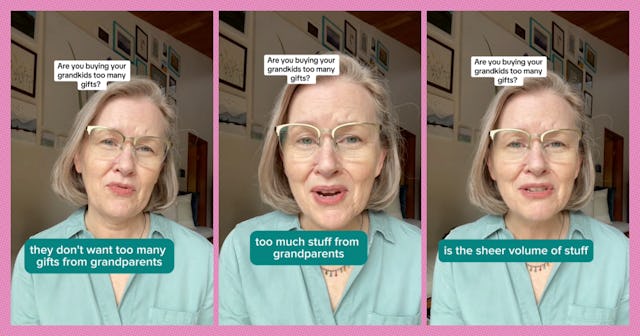 A woman with short, silver hair and glasses appears in a three-panel format, discussing the topic of...