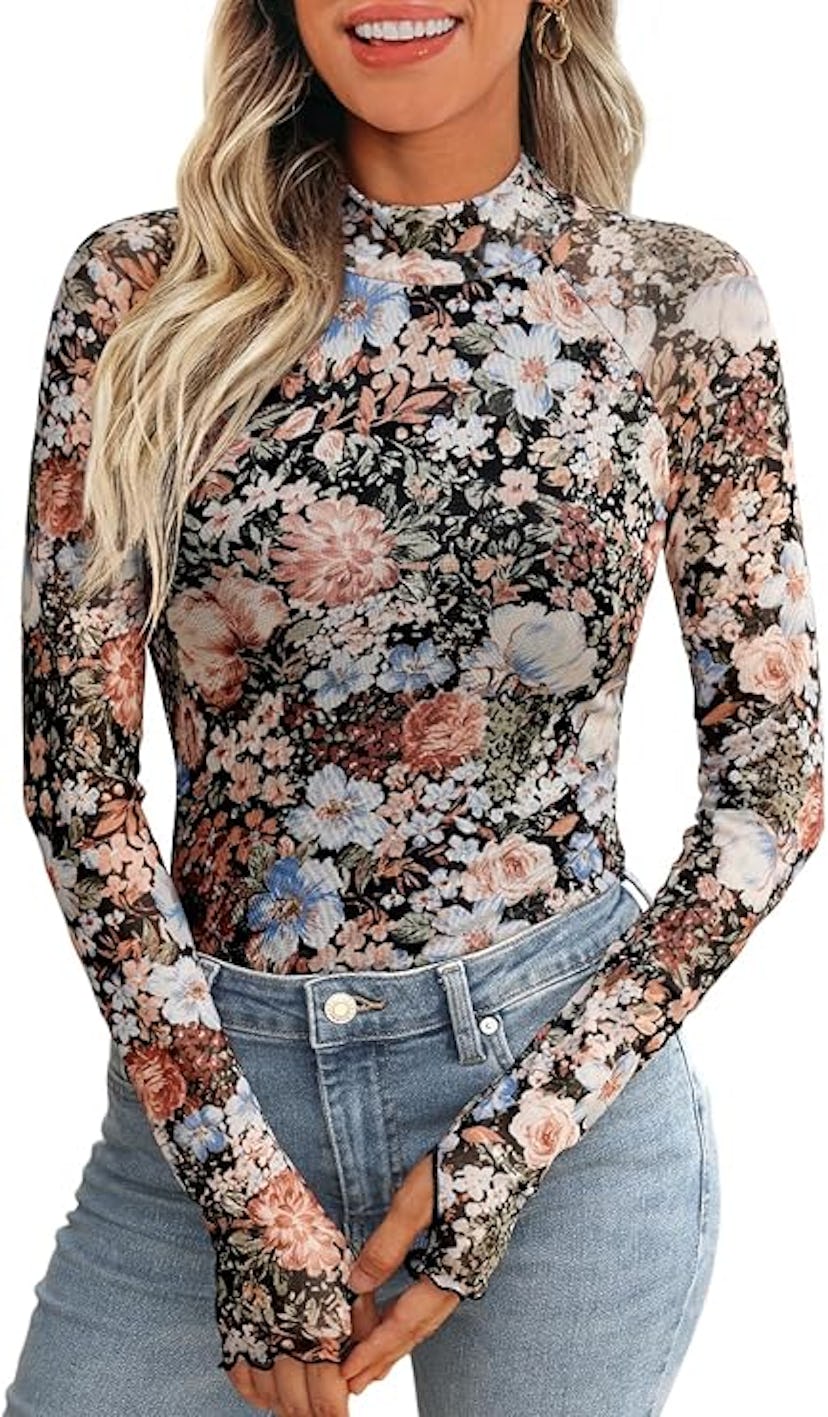 Dealmore Floral Mesh Mock-Neck Top