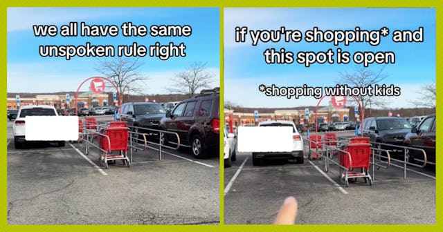 A woman points to an empty parking spot next to a shopping cart drop — she thinks that people should...