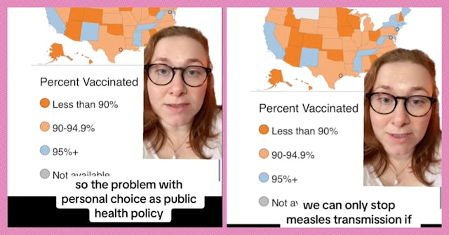 A split image shows a woman with brown hair and glasses speaking about vaccination rates in the U.S....