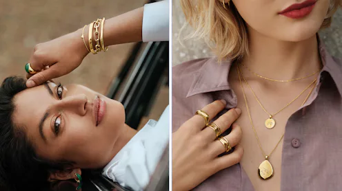 A split image featuring two models adorned with various gold jewelry.
