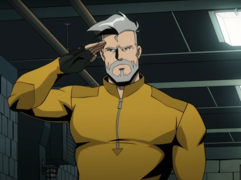 An animated character with gray hair in a yellow military-style outfit salutes. He stands in a dimly...