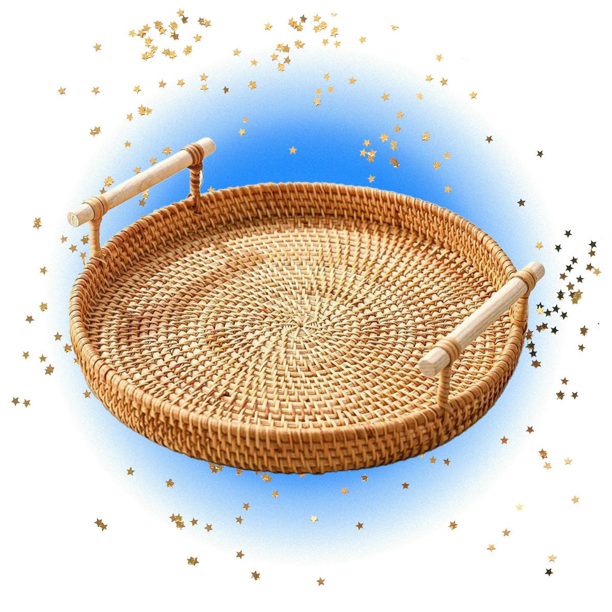 1pc Large Round Rattan Tray With Double Handle