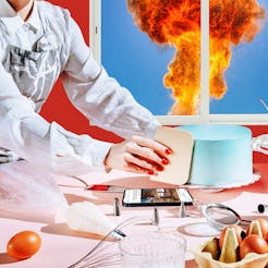 An illustration showing a housewife preparing a cake while an explosion occurs outside her window.
