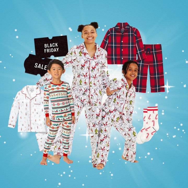 Kids in Christmas pajamas surrounded in other Christmas pajamas, in a story about matching family Ch...