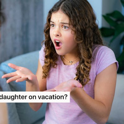 A young girl expresses frustration while talking to an adult. Text overlay asks if the speaker is wrong for not taking her stepdaughter on vacation.
