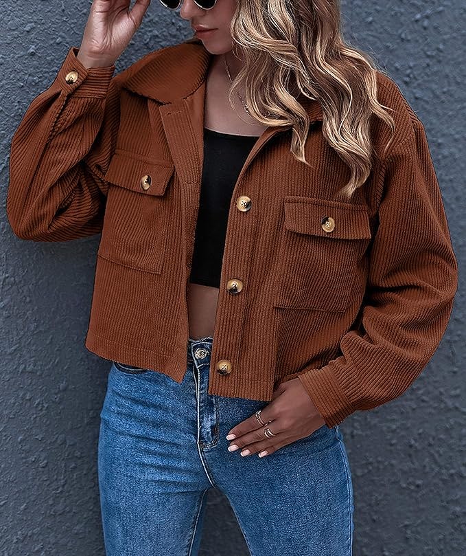 Gihuo Cropped Corduroy Shacket