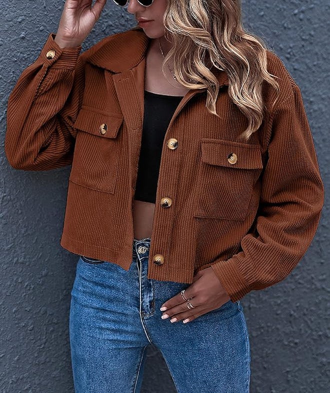 Gihuo Cropped Corduroy Shacket