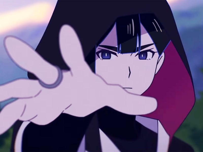 A character in a hooded cloak extends their hand forward, their expression determined and focused, a...