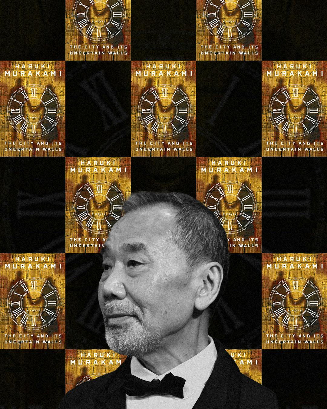 A collage of Murakami and the cover of his new novel