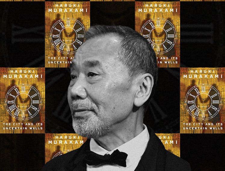 A collage of Murakami and the cover of his new novel