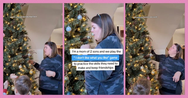 A woman gestures animatedly near a Christmas tree while speaking to two children. Text overlays expl...