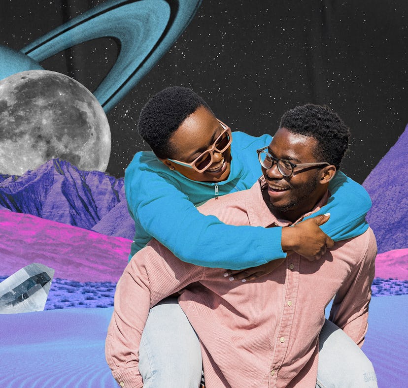 A young couple piggybacking in front of the moon ahead of their December 2024 horoscope.